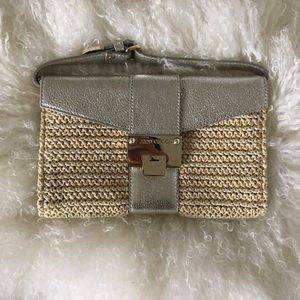 Jimmy Choo Rivera Raffia Metallic Flap Clutch